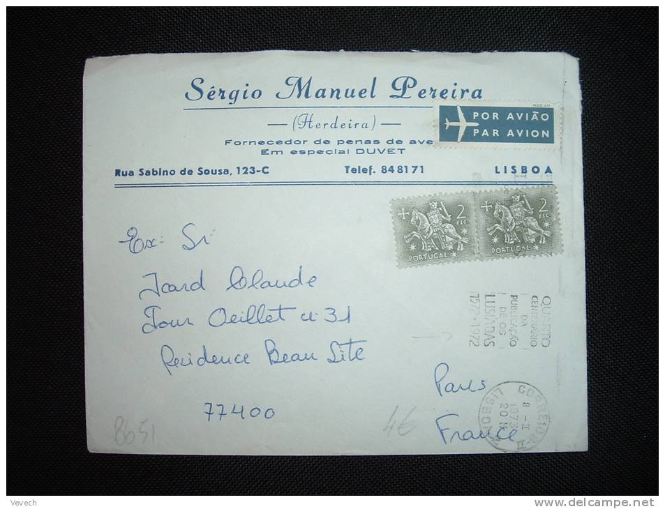 LETTRE PAR AVION POUR LA FRANCE TP 2 ESC X2 OBL. MECA. 8 II 1973 LISBOA 2 + ENTETE SERGIO MANUEL PEREIRA - Lettres & Documents