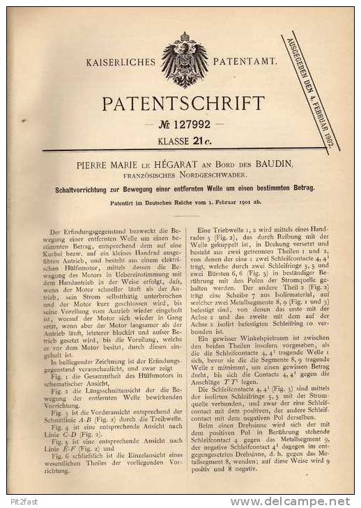 Original Patentschrift - P. Le Hégart An Bord Des Baudin ,franz. Nordgeschwader , 1901 , Schaltvorrichtung Für Wellen !! - Schiffe
