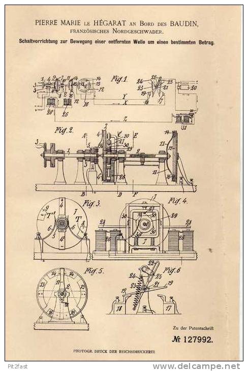 Original Patentschrift - P. Le Hégart An Bord Des Baudin ,franz. Nordgeschwader , 1901 , Schaltvorrichtung Für Wellen !! - Schiffe