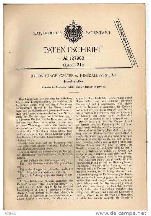 Original Patentschrift - B. Carter In Hinsdale , USA , 1900 , Stampfmaschine !!! - Machines