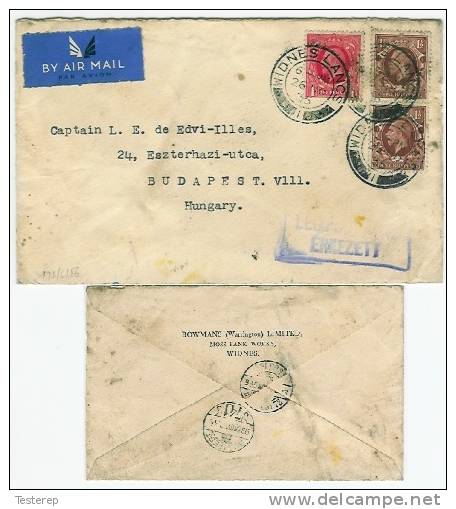 AIRMAIL   WIDNES LANCS. To Hungary 1935   Spots&stains - Lettres & Documents