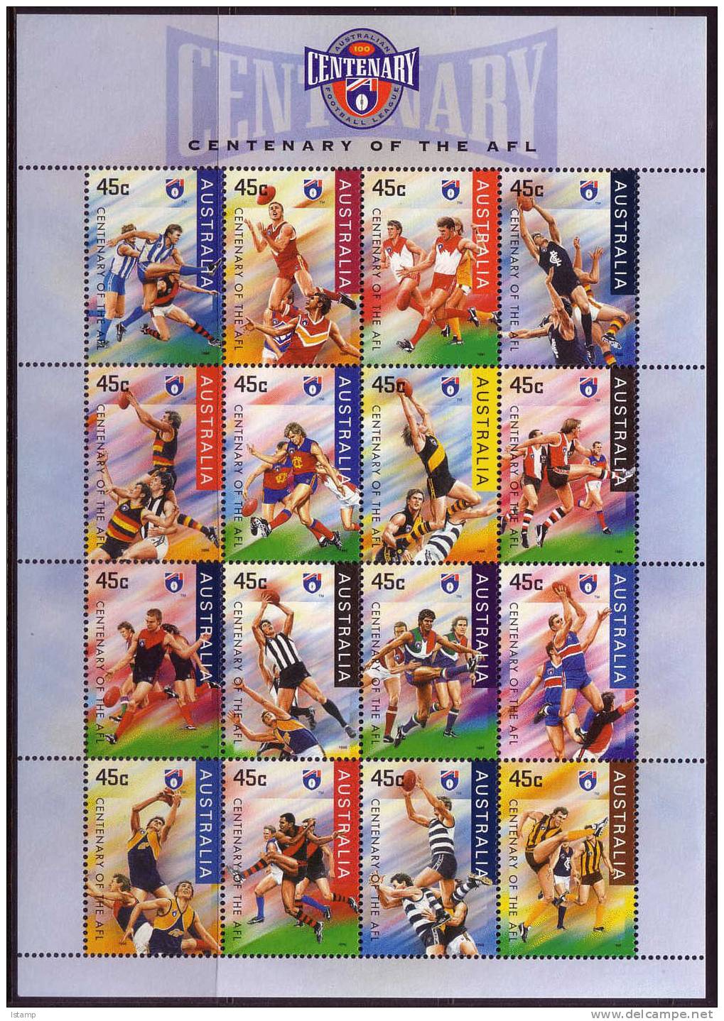 ⭕1996 - Australia AFL Football - 16*45c Sheetlet Sheet Stamps MNH⭕ - Blocks & Sheetlets