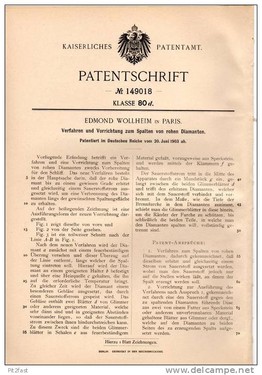 Original Patentschrift - E. Wollheim In Paris , 1903 , Spalten Von Rohen Diamanten , Diamant , Edelstein , Brilliant !!! - Non Classificati