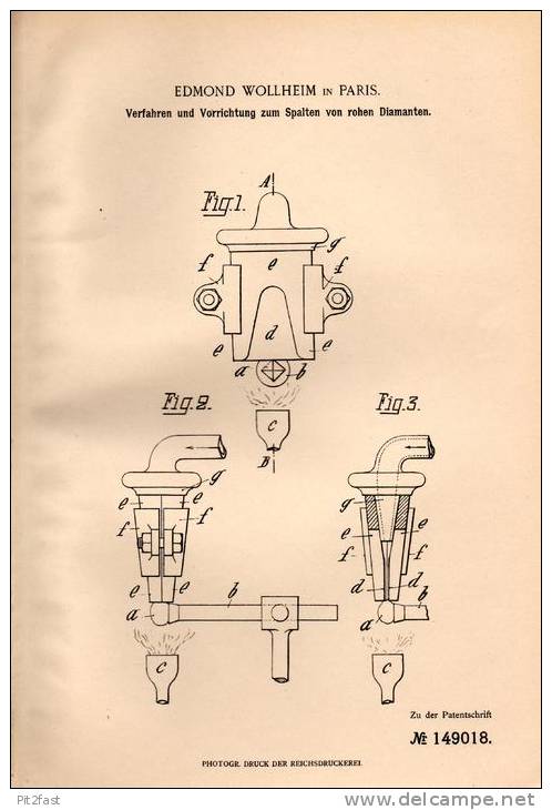 Original Patentschrift - E. Wollheim In Paris , 1903 , Spalten Von Rohen Diamanten , Diamant , Edelstein , Brilliant !!! - Sin Clasificación