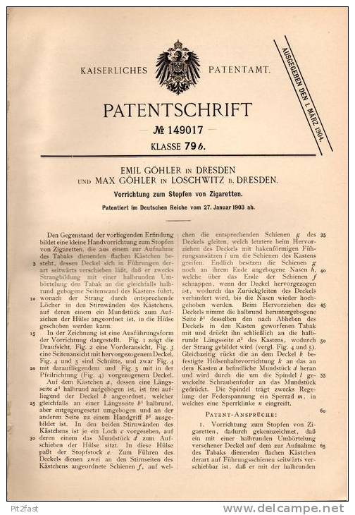 Original Patentschrift - M. Göhler In Loschwitz B. Dresden , 1903 , Stopfen Von Zigaretten , Zigarette !!! - Other & Unclassified