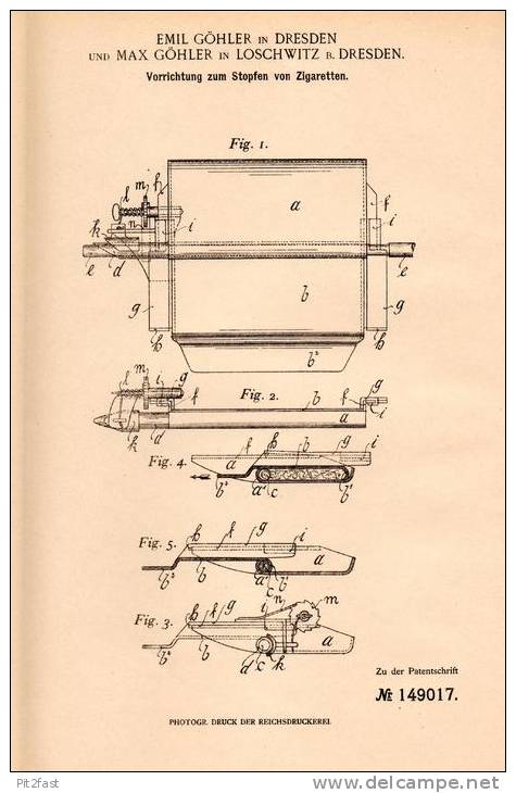 Original Patentschrift - M. Göhler In Loschwitz B. Dresden , 1903 , Stopfen Von Zigaretten , Zigarette !!! - Altri & Non Classificati