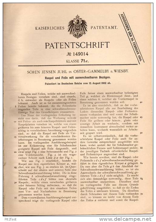 Original Patentschrift - S. Juhl In Oster - Gammelby B. Wiesby , 1902 , Raspel Und Feile Mit Bezügen !!! - Antike Werkzeuge