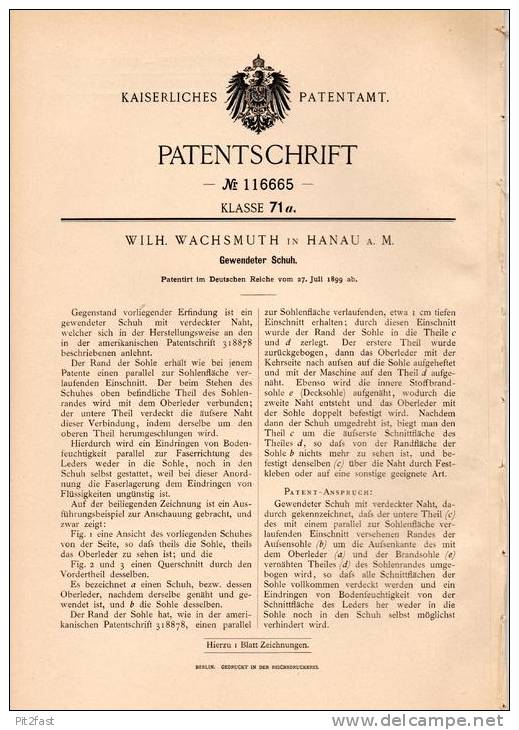Original Patentschrift - W. Wachsmuth In Hanau A.M. , 1899 , Gewendeter Schuh , Schuhmacher , Schuster , Schuhe !!! - Schuhe