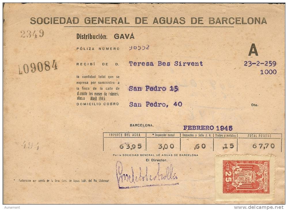 España--1945--Barcelona--Gava--Sociedad General De Aguas De Barcelona--Sello Municipal - Spain