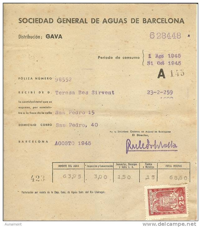 España--1945--Barcelona--Gava--Sociedad General De Aguas De Barcelona--Sello Municipal - Spain