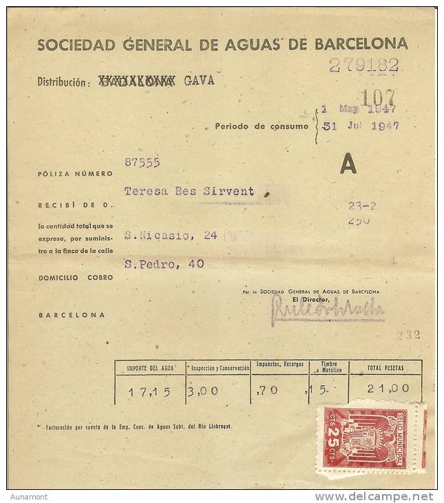 España--1947--Barcelona--Gava--Sociedad General De Aguas De Barcelona--Sello Municipal - España