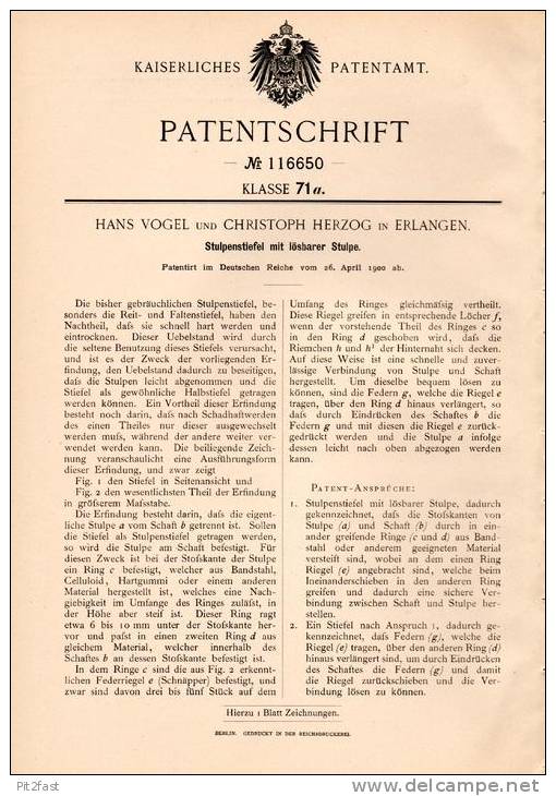 Original Patentschrift - C. Herzog In Erlangen , 1900 , Stulpen - Stiefel , Reitstiefel , Reiter , Reiten , Schuster !!! - Schuhe
