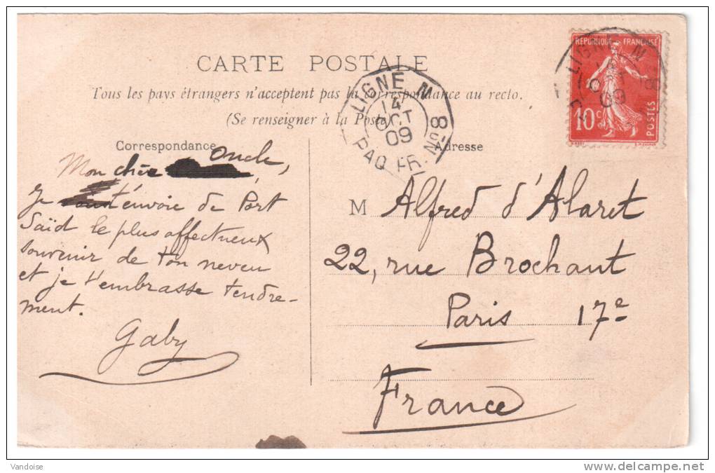 CARTE POSTALE DE 1909 AFFRANCHIE AVEC UN TIMBRE A 10 CT SEMEUSE OBLITERE LIGNE N PAQU FR N° 8 - Maritime Post