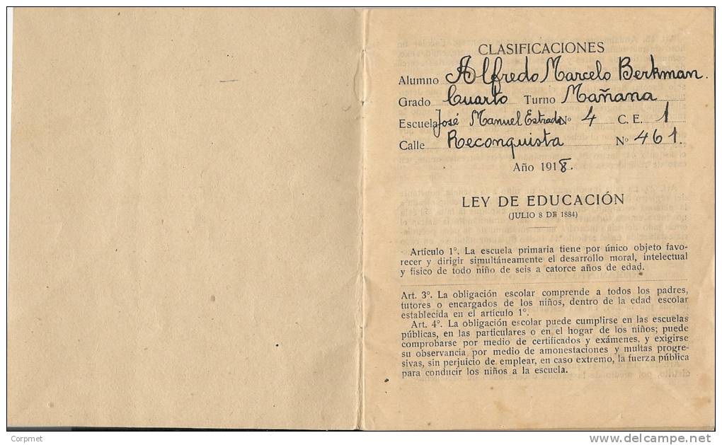 LIBRETA DE CLASIFICACIONES MENSUALES  Año 1918 - Escuela José Manuel Estrada - Alumno ALFREDO MARCELO BERKMAN -4to Grado - Diplome Und Schulzeugnisse