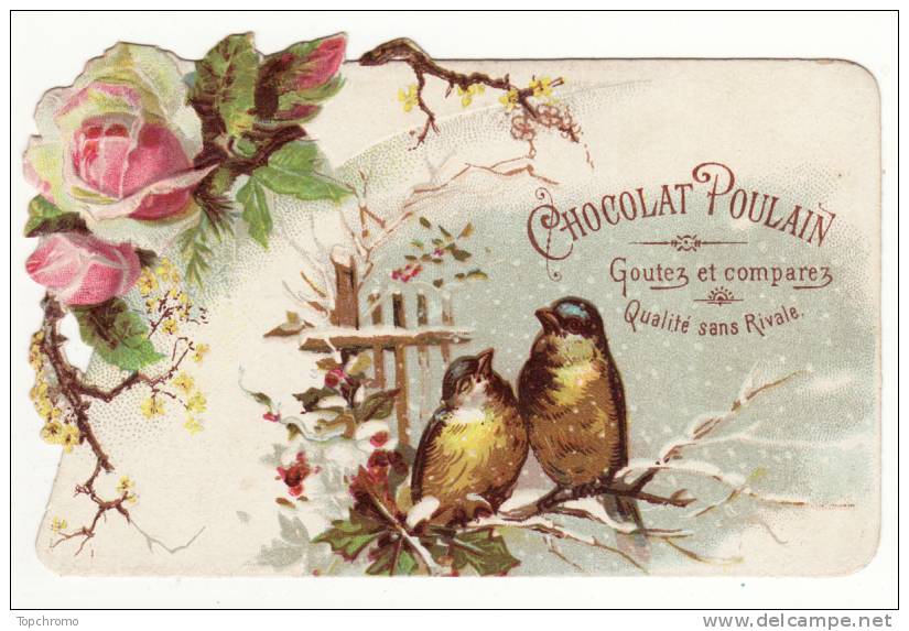 CHROMO Découpis Chocolat Poulain Hiver Neige Oiseaux Fleurs - Poulain