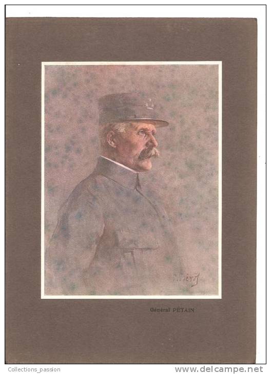 Histoire, Militaria, "Général Pétain", Par P.Prévot, Fiche Sur Support Fond Marron - Histoire