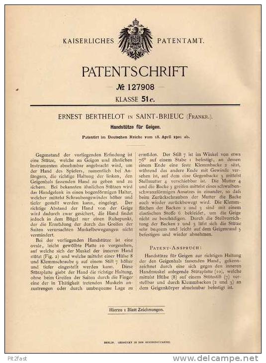 Original Patentschrift - E. Berthelot In Saint - Brieuc , 1901 , Geige - Handstütze , Violine , Cello !!! - Musikinstrumente