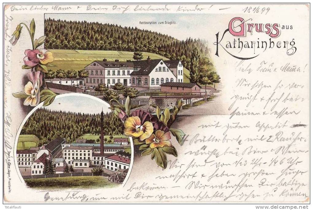 Gruss Aus Katharinberg Color Litho Kate&#345;inky Liberec Restauration Zum Stieglitz 2.6.1899 Gelaufen - Böhmen Und Mähren