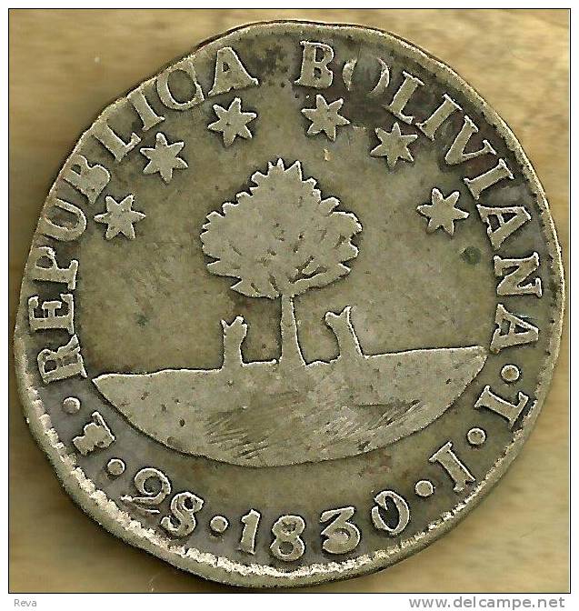 BOLIVIA 2 SOLES PALM TREE EMBLEM FRONT MAN HEAD BACK POTOSI MINT 1830 AG SILVER F KM95a READ DESCRIPTION CAREFULLY !!! - Bolivie