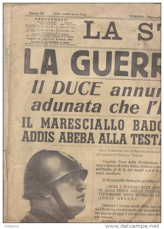 C0784 - Giornale LA STAMPA 6 Maggio 1936 - LA GUERRA E' VINTA - DUCE - BADOGLIO AD ADDIS ABEBA - ETIOPIA - Italian