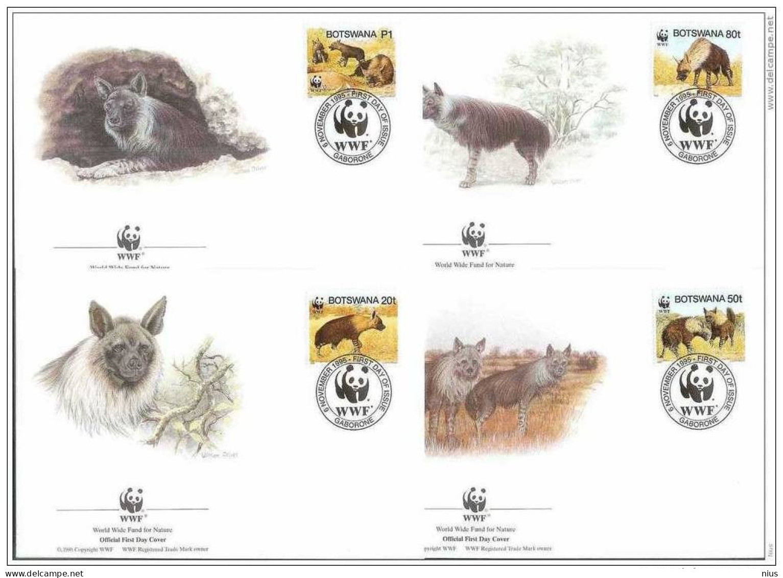 Botswana 1995 FDC Set X4 WWF W. W. F. Brown Hyena Fauna Dog - FDC