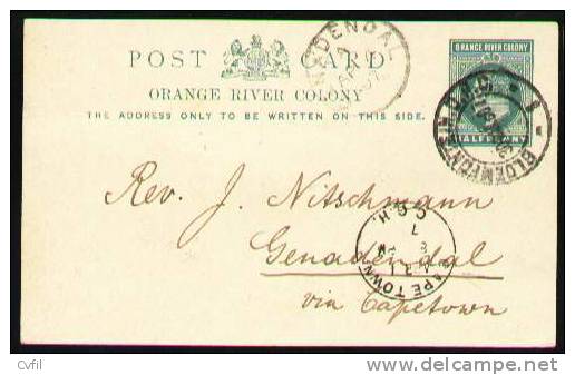 ORANGE RIVER COLONY 1907 - Entire Postal Card From Bloemfontein To Genadendal - Stato Libero Dell'Orange (1868-1909)