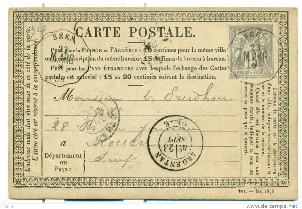 France - Carte Postale De Sées (Orne) Vers Rouen (via Argentan) Du 23/03/1859, See Scan - Precursor Cards