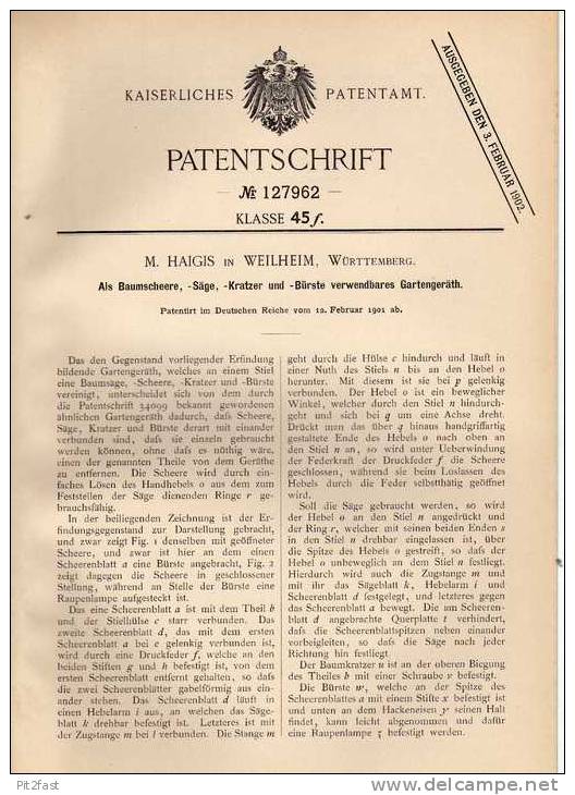 Original Patentschrift - M. Haigis In Weilheim , Württ., 1901 , Baumschere , Baumsäge , Baumschule , Forst !!! - Antike Werkzeuge