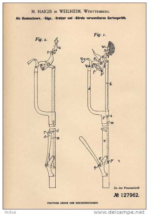 Original Patentschrift - M. Haigis In Weilheim , Württ., 1901 , Baumschere , Baumsäge , Baumschule , Forst !!! - Antike Werkzeuge