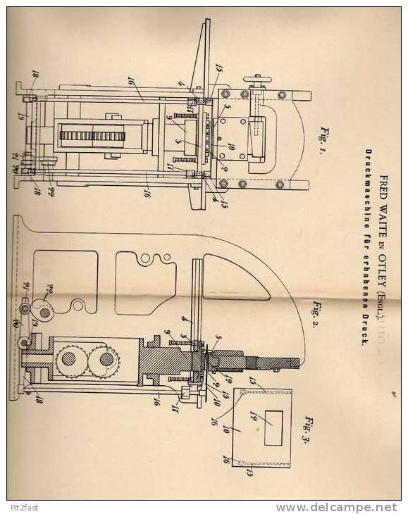 Original Patentschrift - F. Waite In Otley ,1900 , Druckmaschine Für Erhabenen Druck , Prägung , Prägepresse , Druckerei - Tools