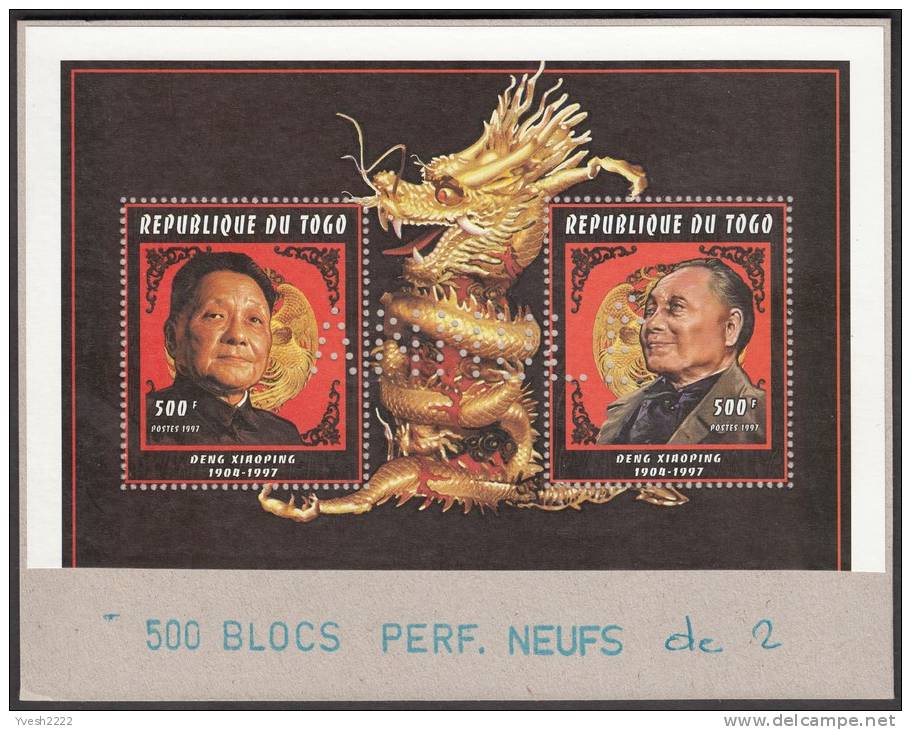 Togo 1997 Y&T BF 325  Deng Xiaoping Et Dragon. Feuillet Perforé "annulé" Collé Sur Carton Par L´imprimeur Afin ... - Mao Tse-Tung