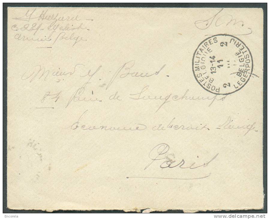 Enveloppe En SM Obl. Sc POSTES MILITAIRES BELGIQUE 2 Du 11-III-1917 Ver Paris - 7948 - Briefe U. Dokumente