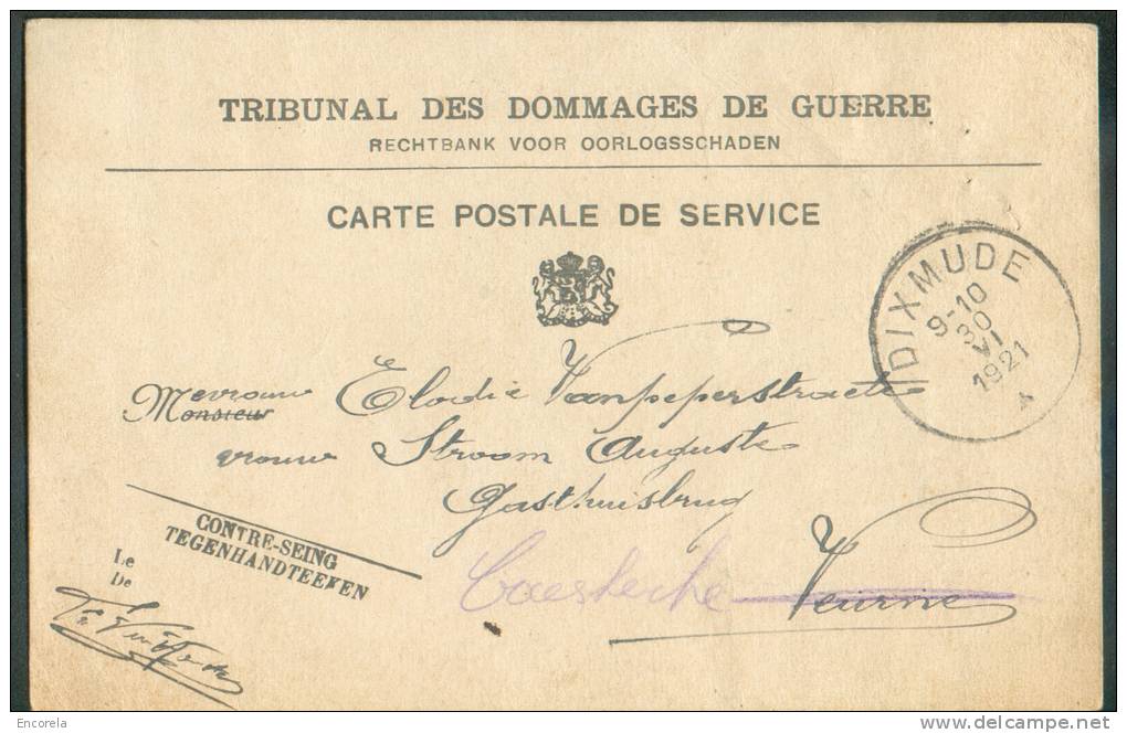 CP En Franchise De DIXMUDE Le 30-VI-1921 Vers Veurne (Furne) Biffé Et Réexpédiée Vers Caeskerke - 7952 - Other & Unclassified