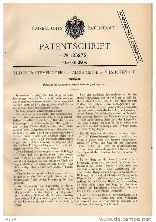 Original Patentschrift - T. Stemplinger In Vilshofen A.D., 1900 , Handsäge , Säge !!! - Antike Werkzeuge