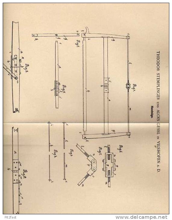 Original Patentschrift - T. Stemplinger In Vilshofen A.D., 1900 , Handsäge , Säge !!! - Antike Werkzeuge