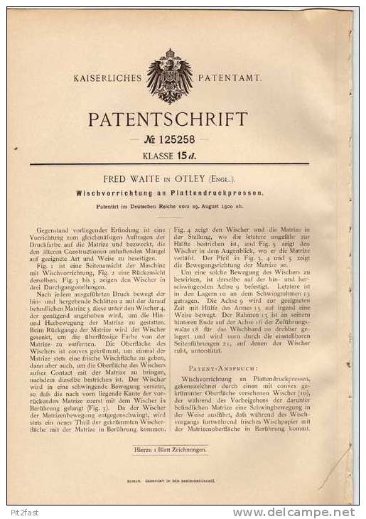 Original Patentschrift - F. Waite In Otley , England , 1900 , Plattendruckpresse , Presse , Druckerei , Buchdruck !!! - Tools