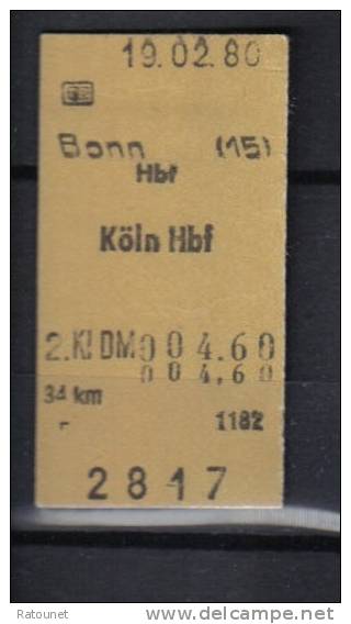 Allemagne - Billet Train 2817 - Bonn Koln HBF - Boon Cologne 1980 - Europa