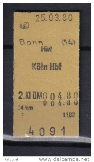 Allemagne - Billet Train 4091- Bonn Koln HBF - Boon Cologne 1980 - Europa