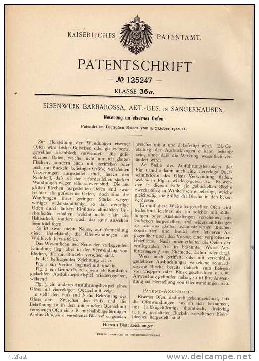 Original Patentschrift - Eisenwerk Barbarossa In Sangerhausen , 1900 , Eiserne Öfen , Gußofen , Ofen !!! - Historische Dokumente