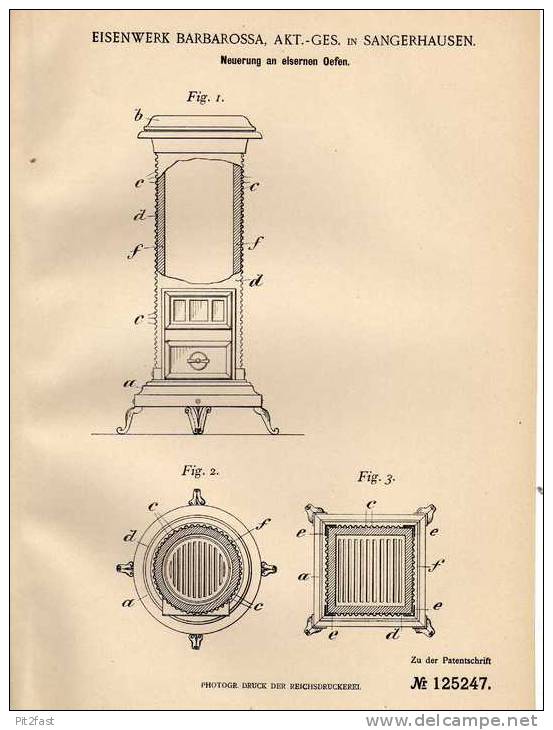 Original Patentschrift - Eisenwerk Barbarossa In Sangerhausen , 1900 , Eiserne Öfen , Gußofen , Ofen !!! - Historische Dokumente