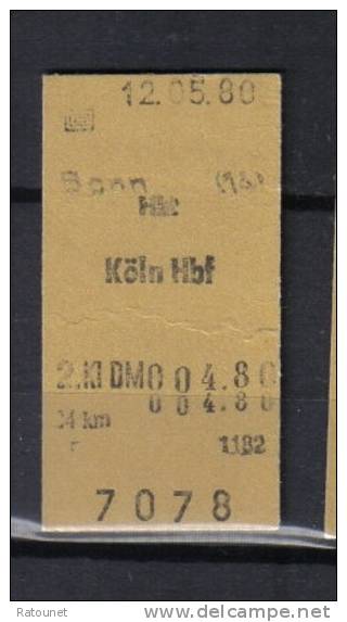 Allemagne - Billet Train 7078 - Bonn Koln HBF - Boon Cologne 1980 - Europa