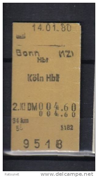 Allemagne - Billet Train 9518 - Bonn Koln HBF - Boon Cologne 1980 - Europe