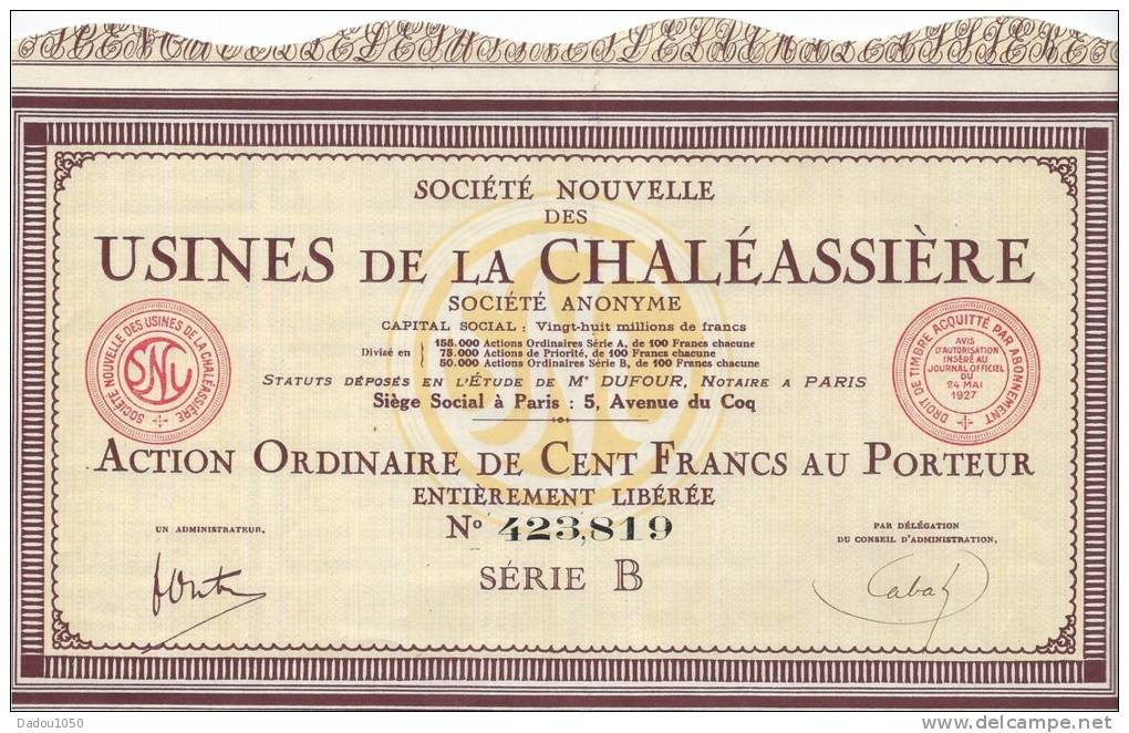 3 Actions  De100 Francs USINES DE LA CHALEASSIERE 1927 - Industrie