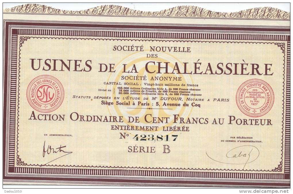 3 Actions  De100 Francs USINES DE LA CHALEASSIERE 1927 - Industrie