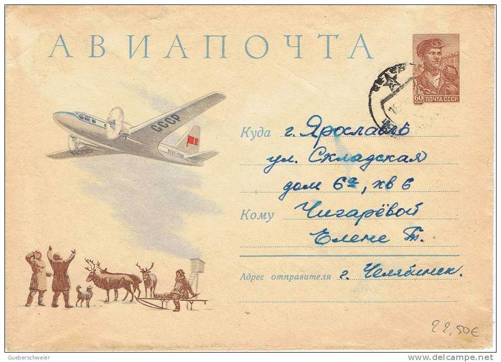 L-ARC26 - RUSSIE Entier Postal Lettre Ill. Avion Et Station Polaire Avec Chien Et Rennes - 1950-59