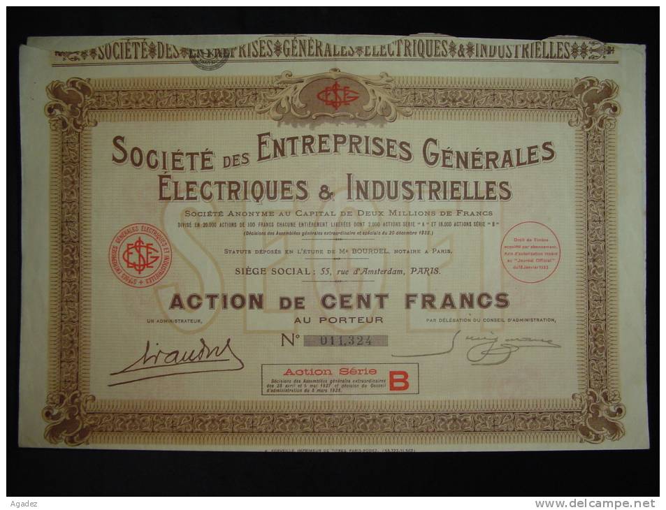 Action"Sté Des Entreprises Generales Electriques Et Industrielles"Paris 1933 Très Bon état,avec Tous Les Coupons. - Electricité & Gaz