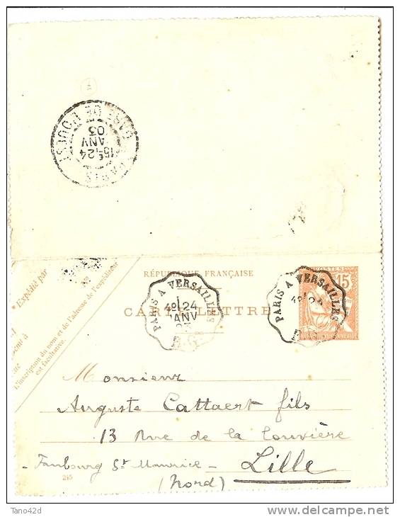 REF LBL7/2 - FRANCE CL MOUCHON 15c AMBULANT PARIS A VERSAILLES  24/1/1903 - Cartoline-lettere