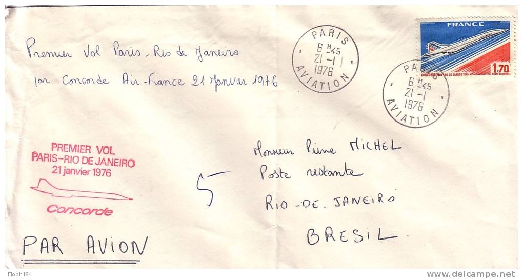 CONCORDE-1ER VOL PARIS-RIO DE JANEIRO 21 JANVIER 1976-CACHET PARIS AVIATION 21-1-1973. - 1960-.... Brieven & Documenten