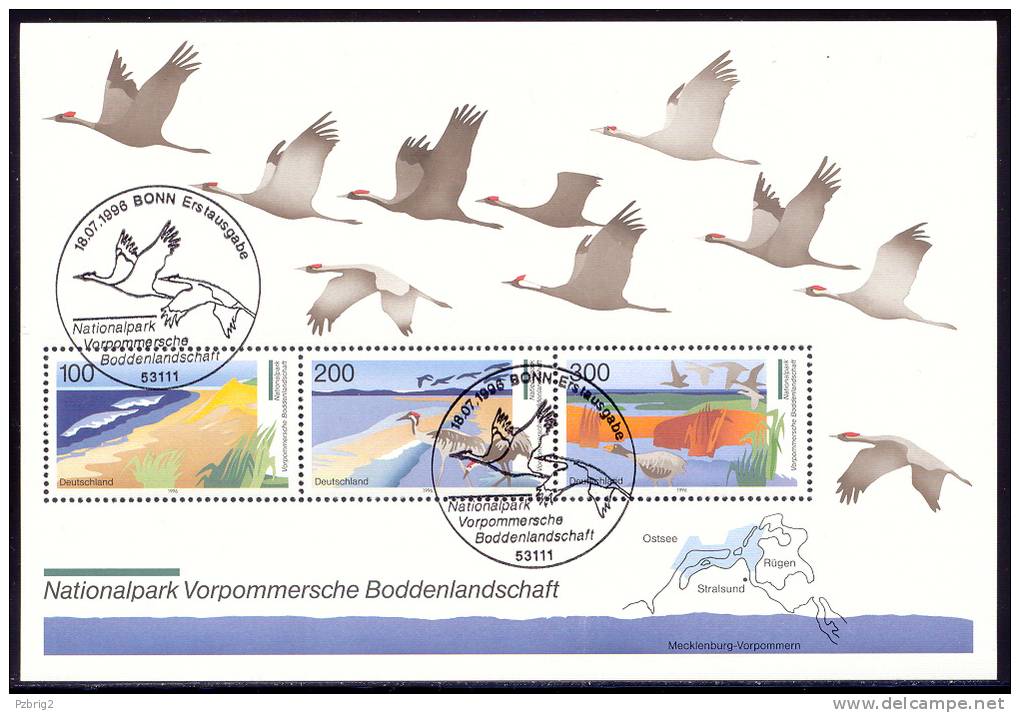 National Park Landscape Pomerania - Germany 1996 - Souvenir Sheet Mi. Bl. 36 - ESSt, First Day Issue Cancellation Bonn - Environment & Climate Protection