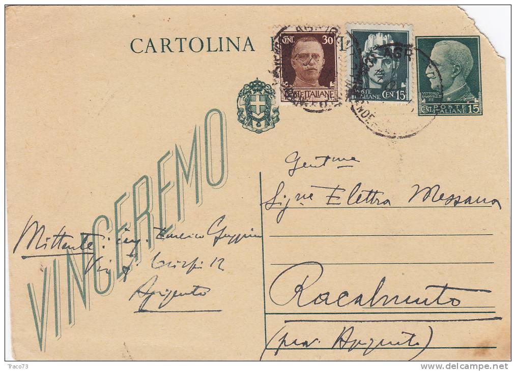 AGRIGENTO  12.10.1944 /  RACALMUTO  - Card_ Cartolina Postale Da Cent. 15 + 15 + 30 - Storia Postale